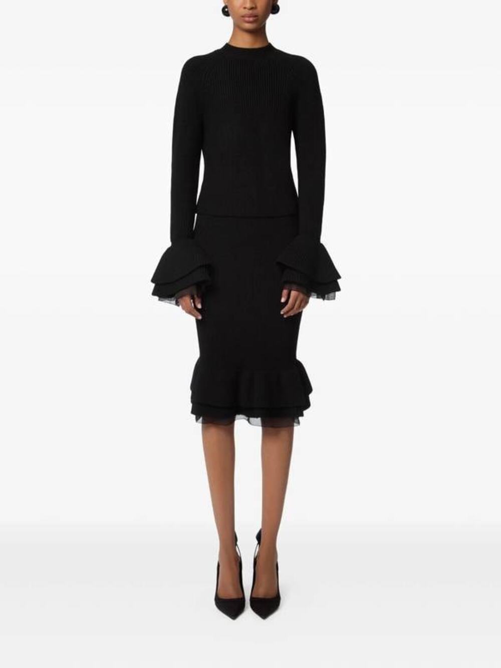 Nina Ricci Round Neck Layered Mix Ruffled Wool Knit Top in Black XS
